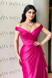 Gorgeous Fuchsia Off-The-Shoulder V-Neck Prom Dress with Split and Pleats BM bride