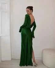 Dark Green Long Sleeves Split Long Prom Dress With Backless
