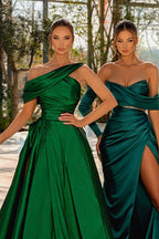 Green One Shoulder Satin Prom Dress with High Split BM bride