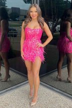 Sparkly Fuchsia Sequined Tight Short Homecoming Dress with Feathers Bmbride