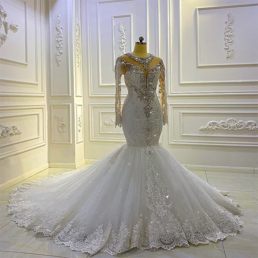 Bateau Long Sleeve Pearl and Sequin Mermaid Wedding Dress with Lace Appliques and Beadings BM bride