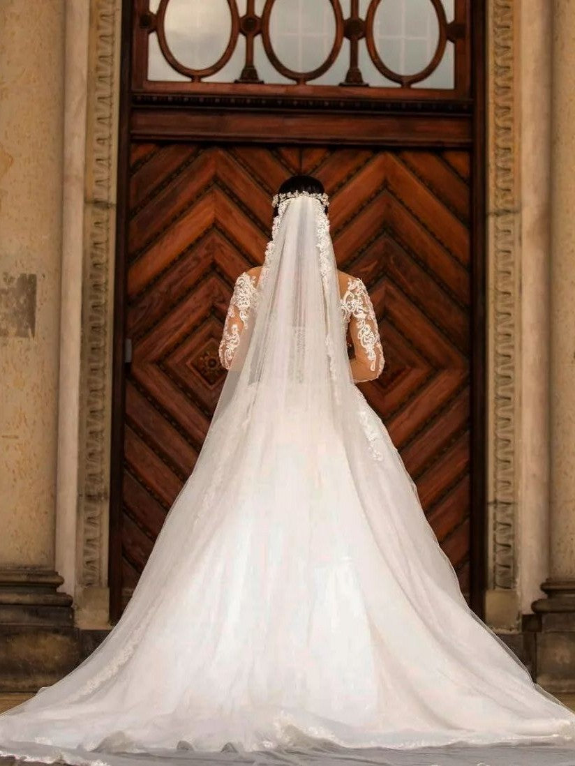 Modest Mermaid Off-the-Shoulder Lace Wedding Dress with Long Sleeves BM bride
