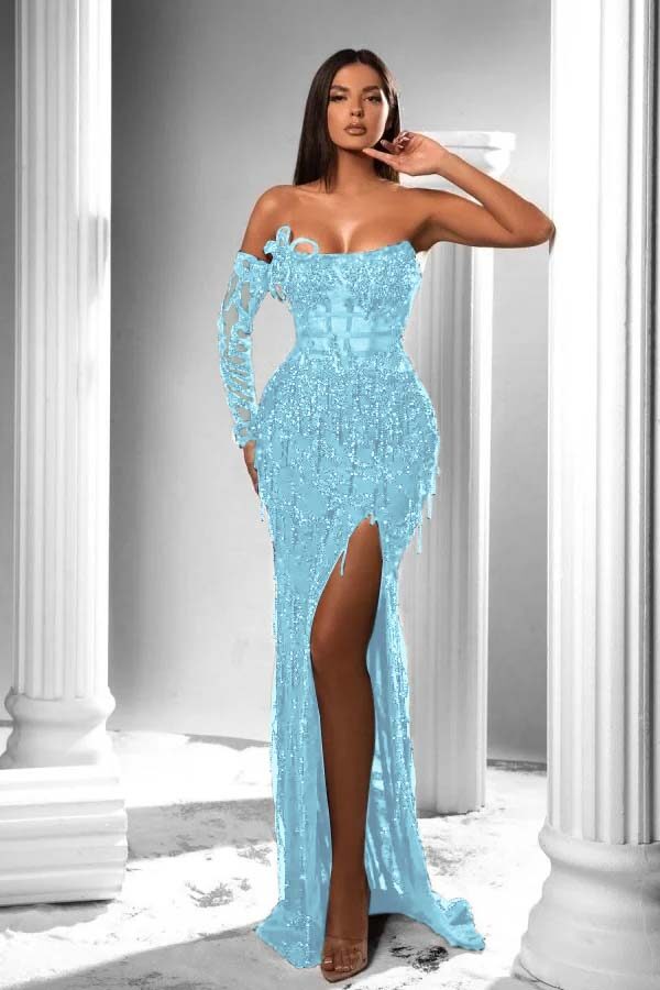 Strapless Long Sleeve High Split Long Prom Dress With Appliques BMBRIDE
