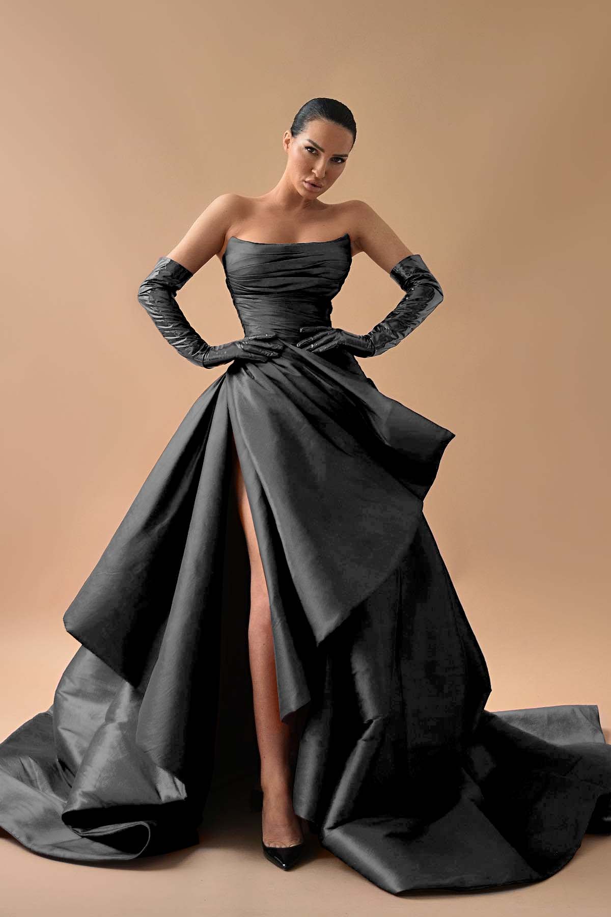 Strapless Sleeveless Long Split Prom Dress With Gloves Pleated BMBRIDE