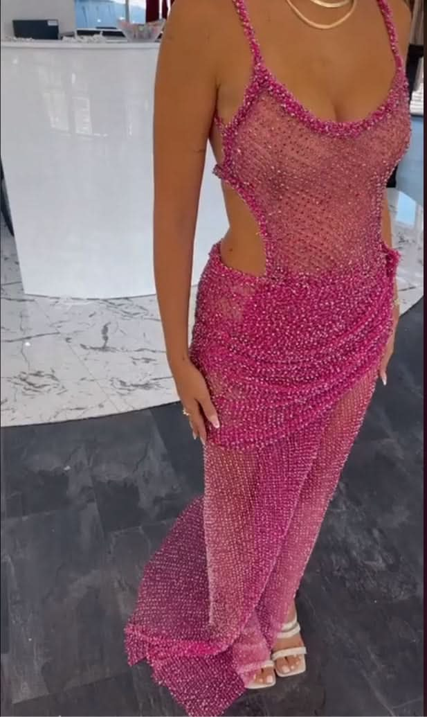 Sexy Pink Round Neck Sequin Prom Dress BM bride