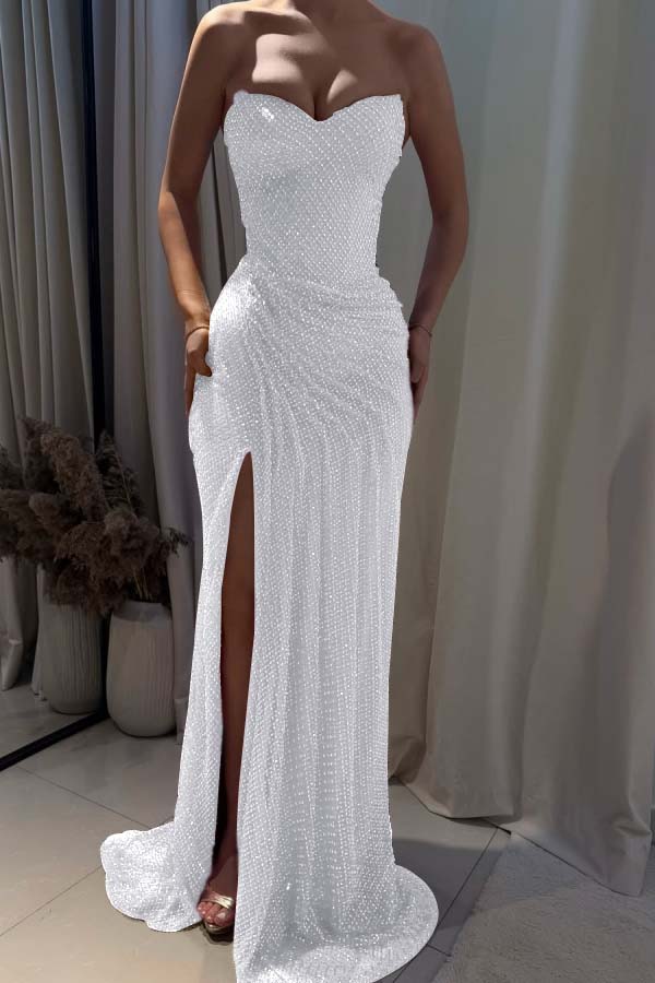 Strapless Sleeveless Mermaid Long Prom Dress With Split Pleated