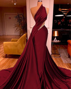 Elegant One Shoulder Mermaid Prom Dress Long Pleated with Beads BM bride
