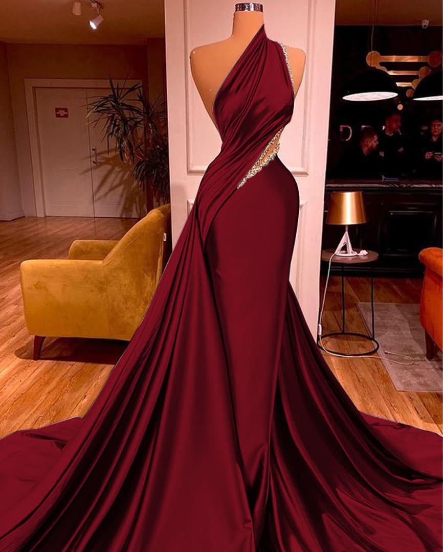 Elegant One Shoulder Mermaid Prom Dress Long Pleated with Beads BM bride