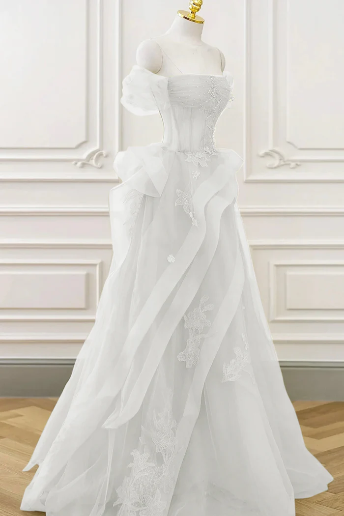 Tulle Off the Shoulder Sleeveless Long Prom Dress With Appliques BMBRIDE