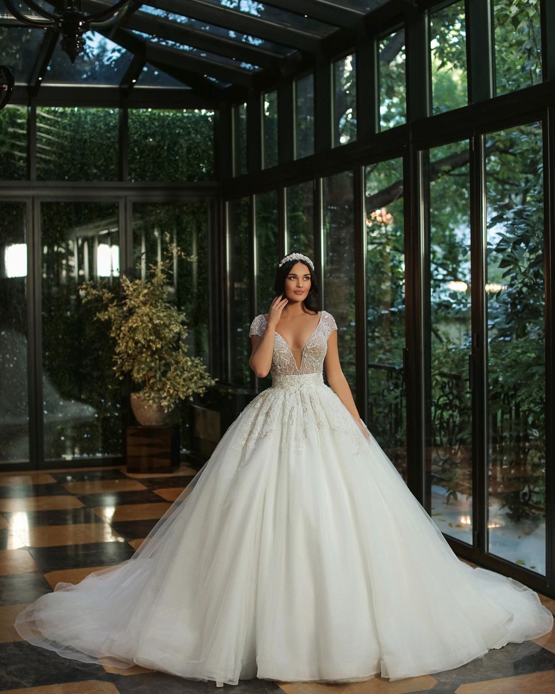 Long A-Line V-Neck Cap Sleeve Wedding Dress with Beaded Tulle BM bride