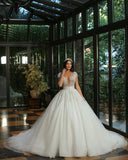 Long A-Line V-Neck Cap Sleeve Wedding Dress with Beaded Tulle BM bride