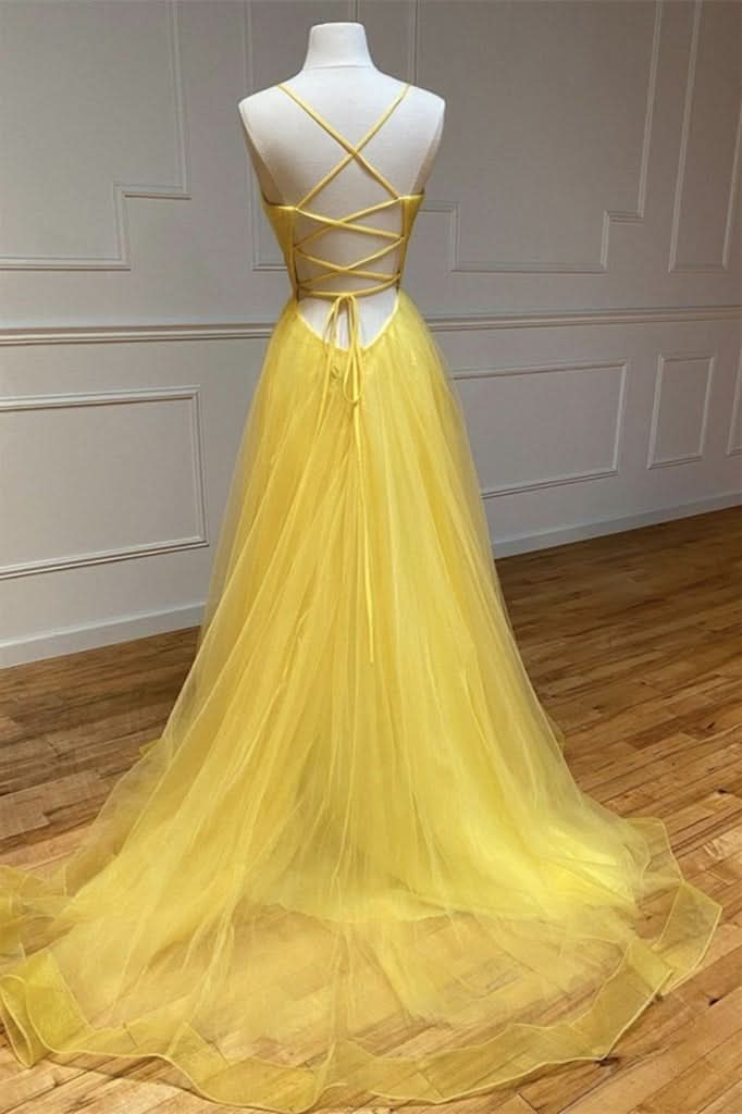 Yellow Spaghetti-Straps Prom Dress with String Back BM bride