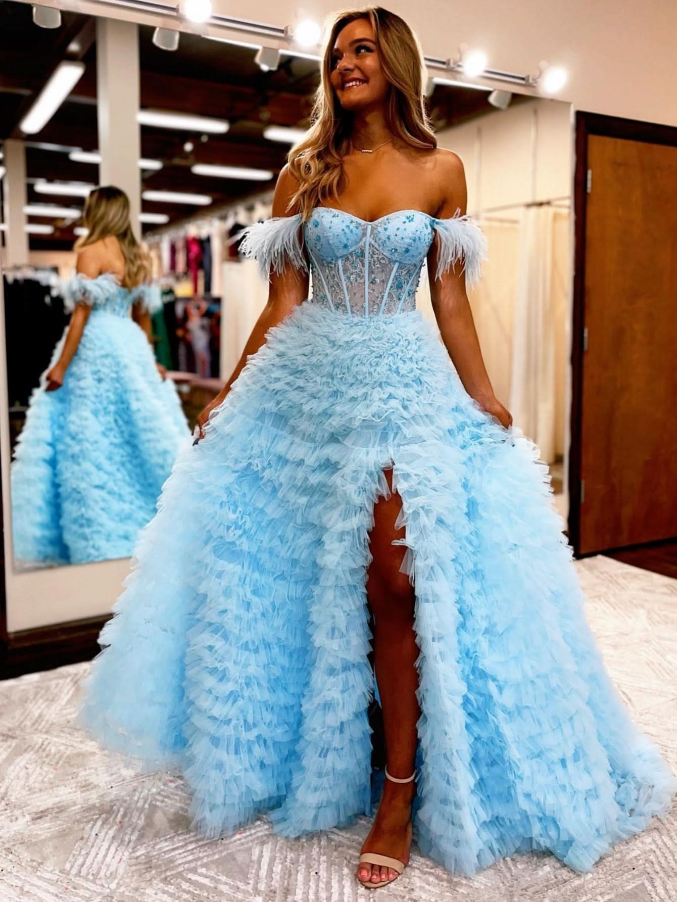 Sweet A-Line Sweetheart Tiered Tulle Long Prom Dress with Slit BM bride