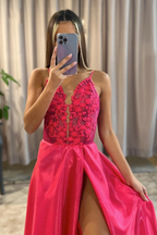 Pink Deep V Neck Appliques A Line Long Prom Dress With Slit