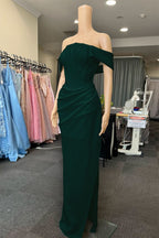 White Off-the-Shoulder Pleated Mermaid Prom Dress with Slit BM bride