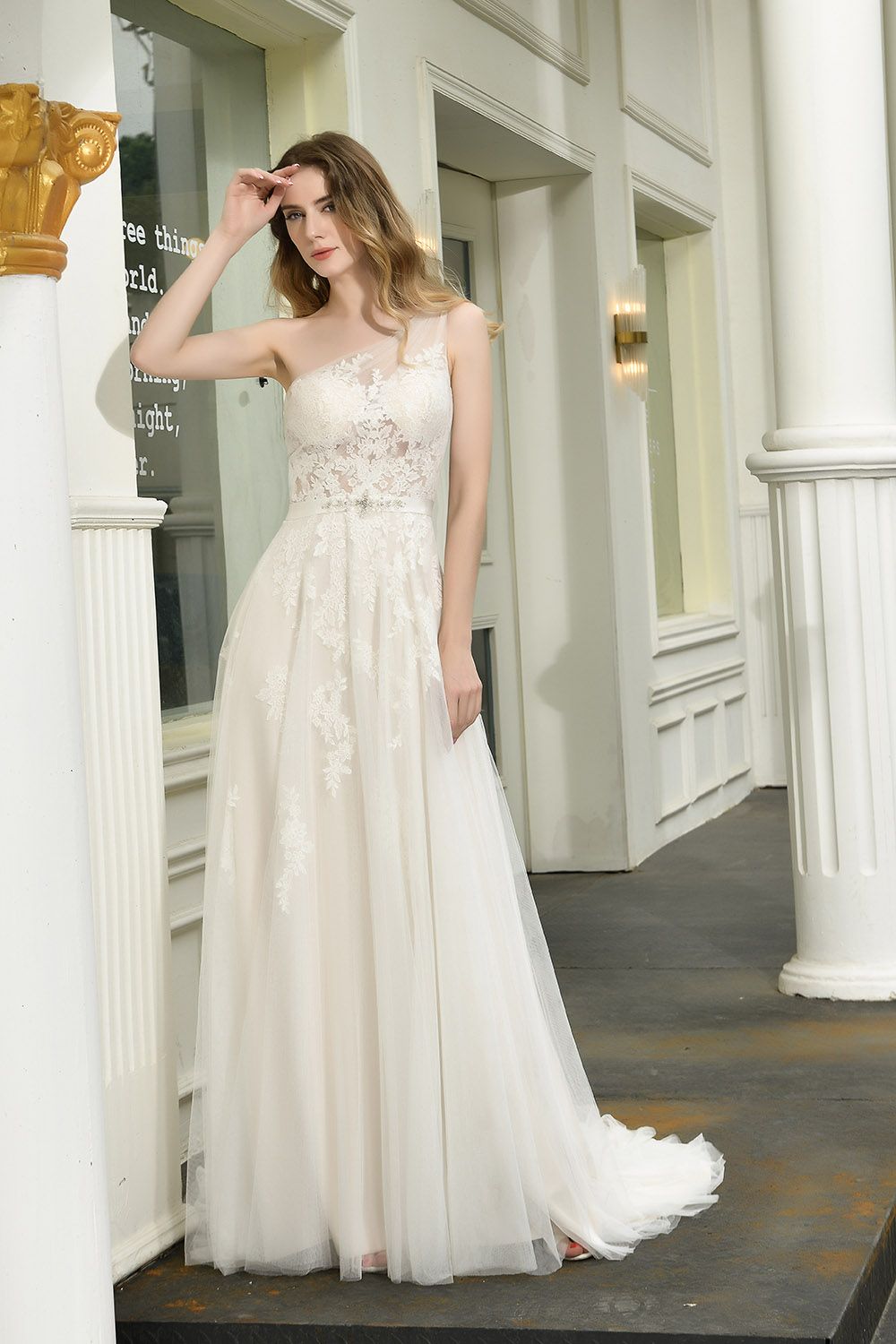 Fashion One Shoulder Tulle Lace A-Line Wedding Dress BMbride