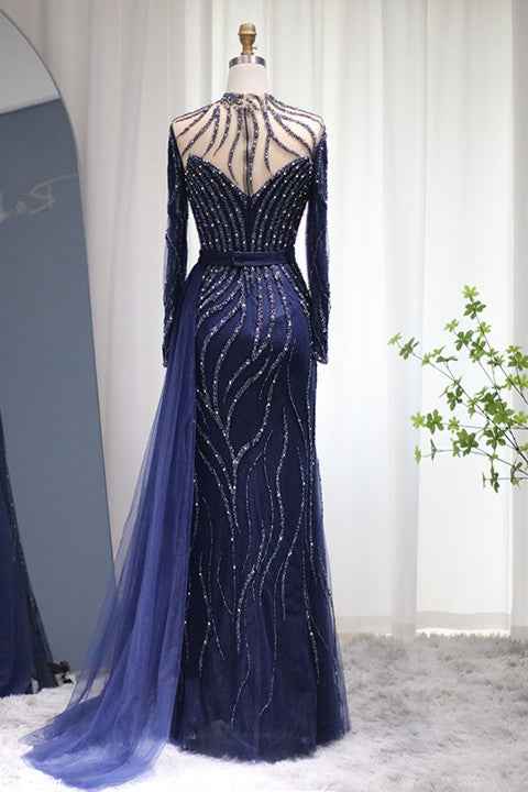 V Neck Long Sleeves Long Prom Dress Tulle Ruffles With Appliques