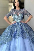 Gorgeous Jewel Half Sleeves Ball Gown Lace Evening Dress with Tulle Appliques BM bride