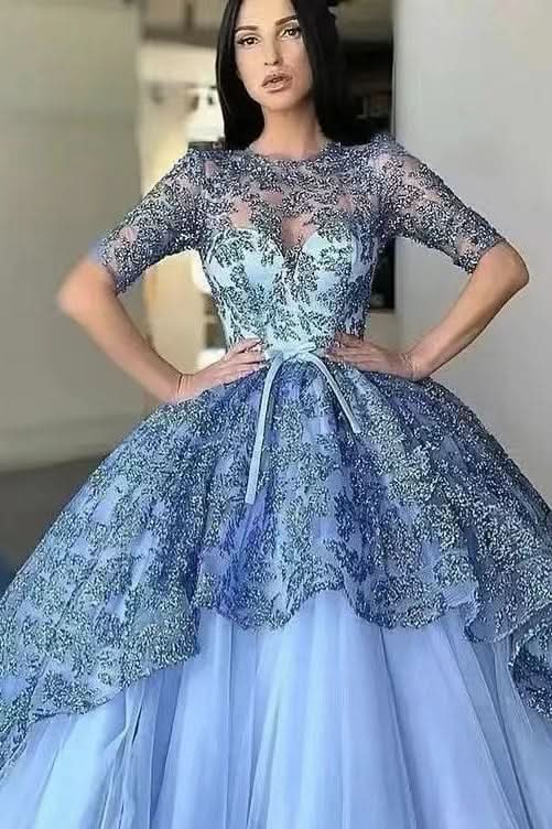 Gorgeous Jewel Half Sleeves Ball Gown Lace Evening Dress with Tulle Appliques BM bride