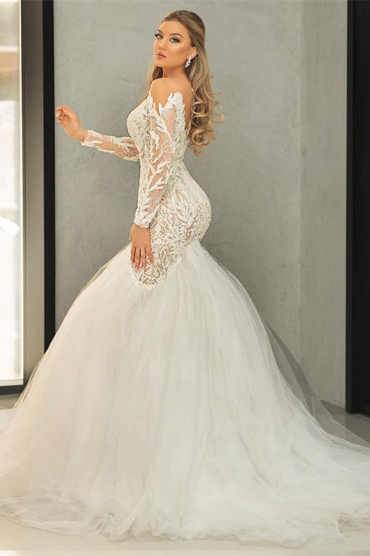 Long Sleeve V-Neck Tulle Mermaid Wedding Dress with Lace BM bride