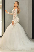 Long Sleeve V-Neck Tulle Mermaid Wedding Dress with Lace BM bride