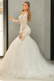 Long Sleeve V-Neck Tulle Mermaid Wedding Dress with Lace BM bride