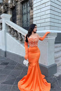 Glamorous Orange Stain Strapless Mermaid Beaded Long Prom Dress With Gloves