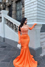 Glamorous Orange Stain Strapless Mermaid Beaded Long Prom Dress With Gloves