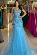 Stunning Tulle Spaghetti Strap Sleeveless Long Prom Dress With Embroidery