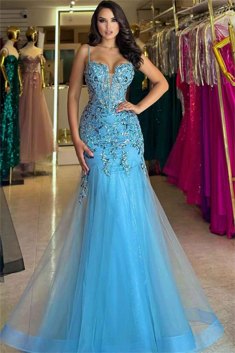Stunning Tulle Spaghetti Strap Sleeveless Long Prom Dress With Embroidery