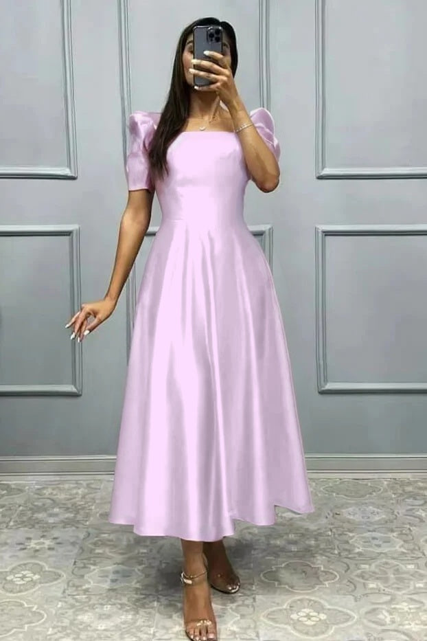 Elegant Square A Line High Waist Pleated Prom Dress With Short Sleeves BMBRIDE