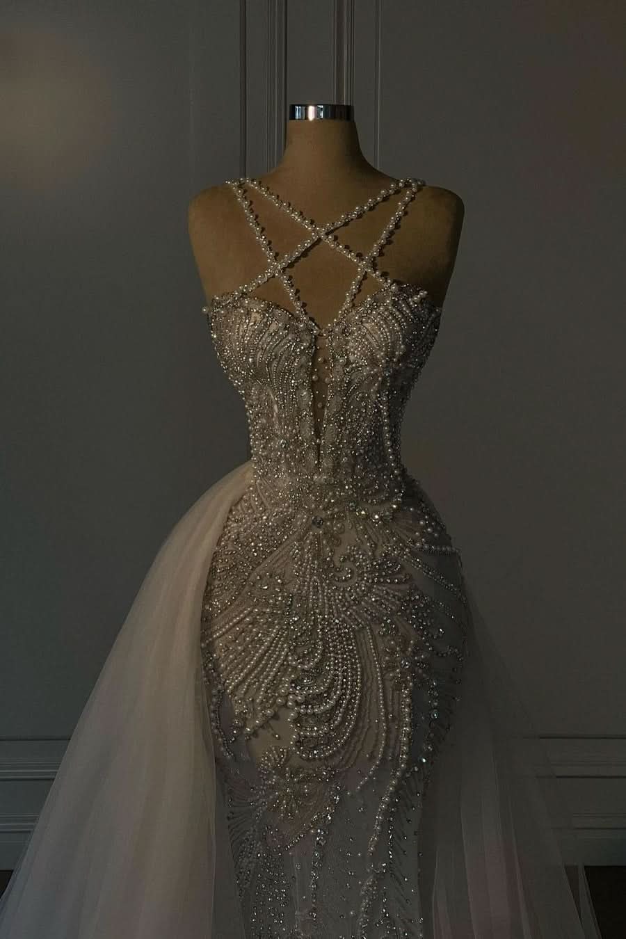 Heavy Mermaid Wedding Dress V-neck Spaghetti Strap Long With Beadings BM bride