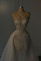 Heavy Mermaid Wedding Dress V-neck Spaghetti Strap Long With Beadings BM bride