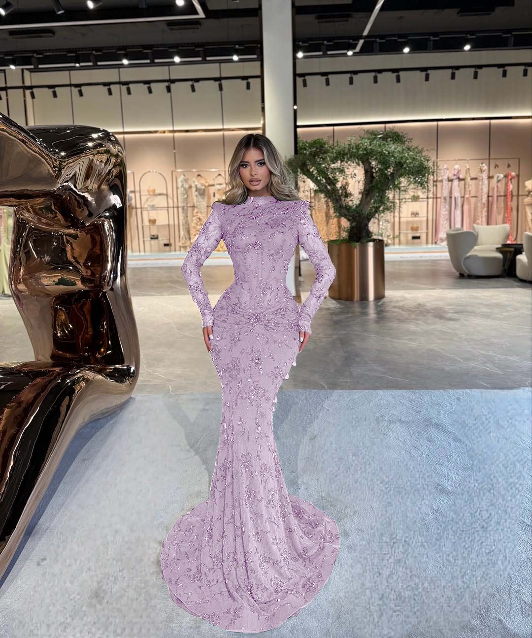 High Neck Long Sleeves Long Mermaid Prom Dress With Beading Pleated BMBRIDE