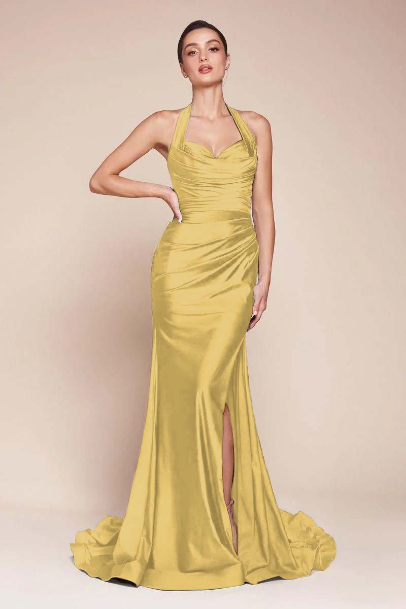Halter Sleeveless Split Mermaid Long Prom Dress With Pleated BMBRIDE