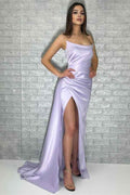 Chic Purple Sleeveless Strapless Mermaid Pleated Long Prom Dress With Split