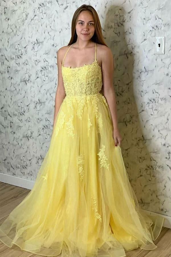 Yellow Lace Appliqued Long Evening Dress BM bride