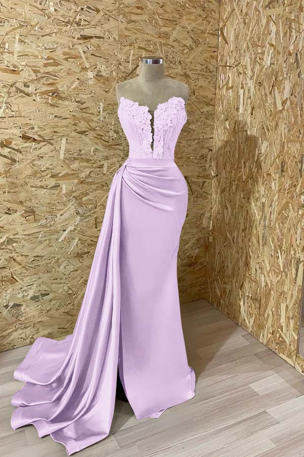 Sleeveless Strapless Mermaid Prom Appliques Dress With Split