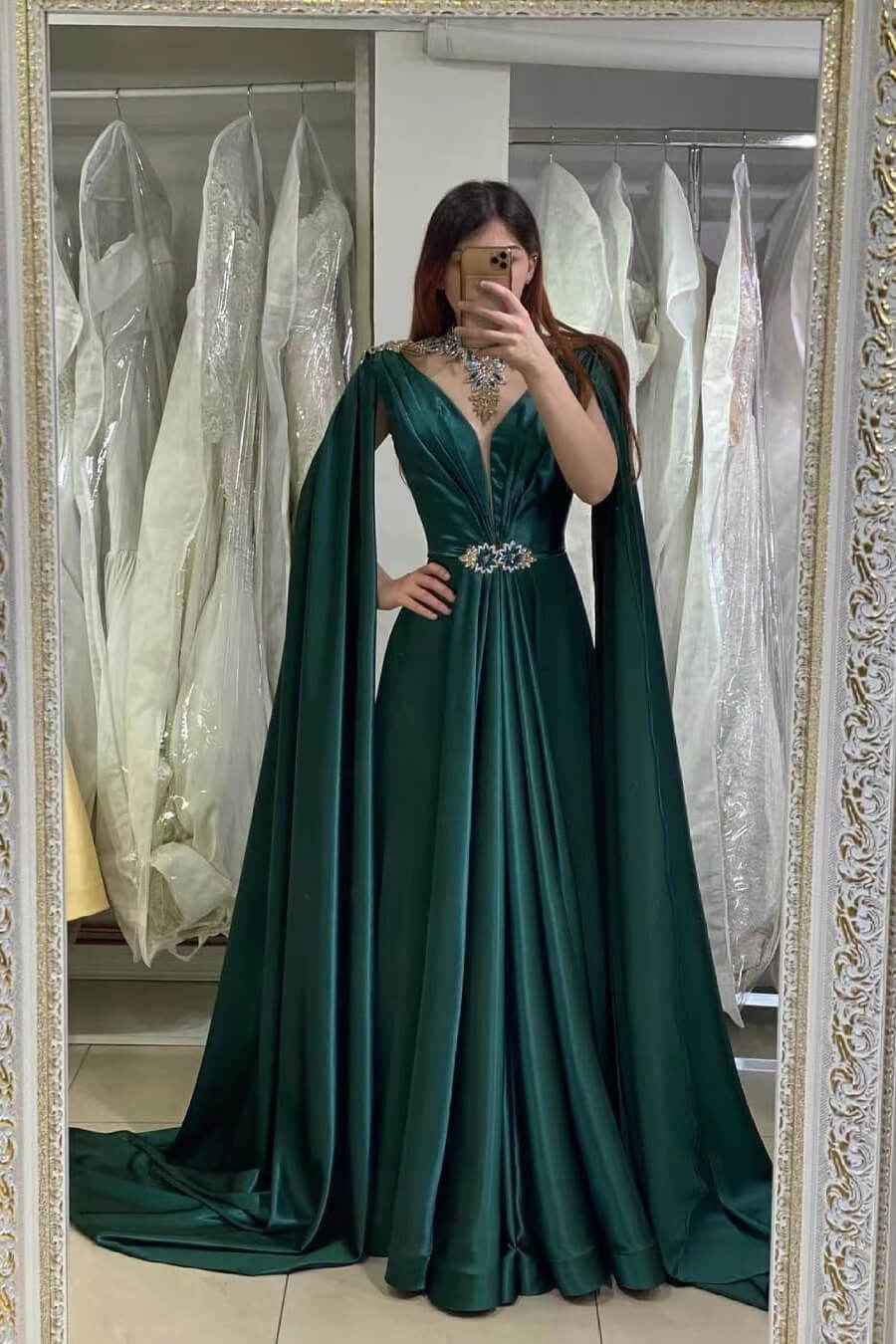 Stunning Dark Green A Line V Neck Long Beadings Prom Dress With Ruffles