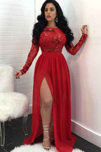 Chic Sequins Jewel Long Sleeves Appliques Long Prom Dress With Front Split
