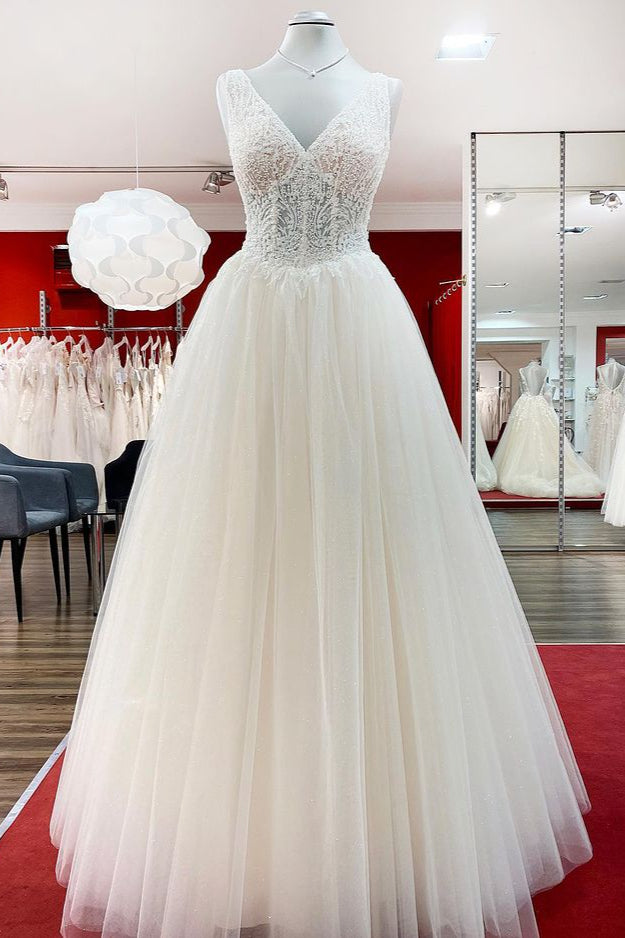 Unique V-Neck Princess Ivory Wedding Dress with Ruffles and Tulle Lace BM bride