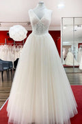 Unique V-Neck Princess Ivory Wedding Dress with Ruffles and Tulle Lace BM bride