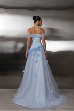 Off the Shoulder Sleeveless Long Prom Dress With Tulle Appliques