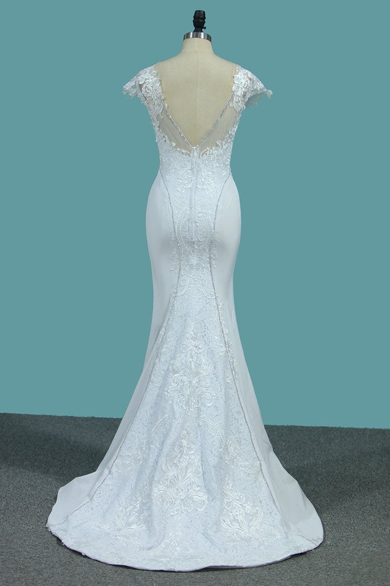 Bateau Neck Beaded Floor-Length Mermaid Wedding Dress with Lace Appliques BM bride