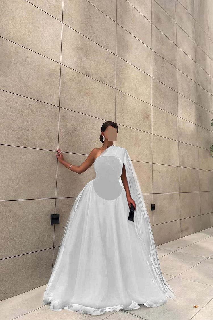 Chic Black Tulle One Shoulder Sleeveless Ball Gown Long Prom Dress BMBRIDE