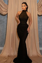 Online Sequined Sleeveless Halter Mermaid Evening Dress with Belt BM bride