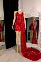 Red Short Prom Dress Sleeveless Simple With Long Trail Sequins
