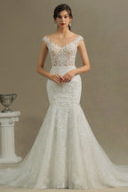 Mermaid Cap Sleeve Sheer Wedding Dress with Tulle Appliques BM bride