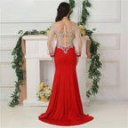 Red Mermaid Evening Dress with Satin Long Sleeves and Beading BM bride