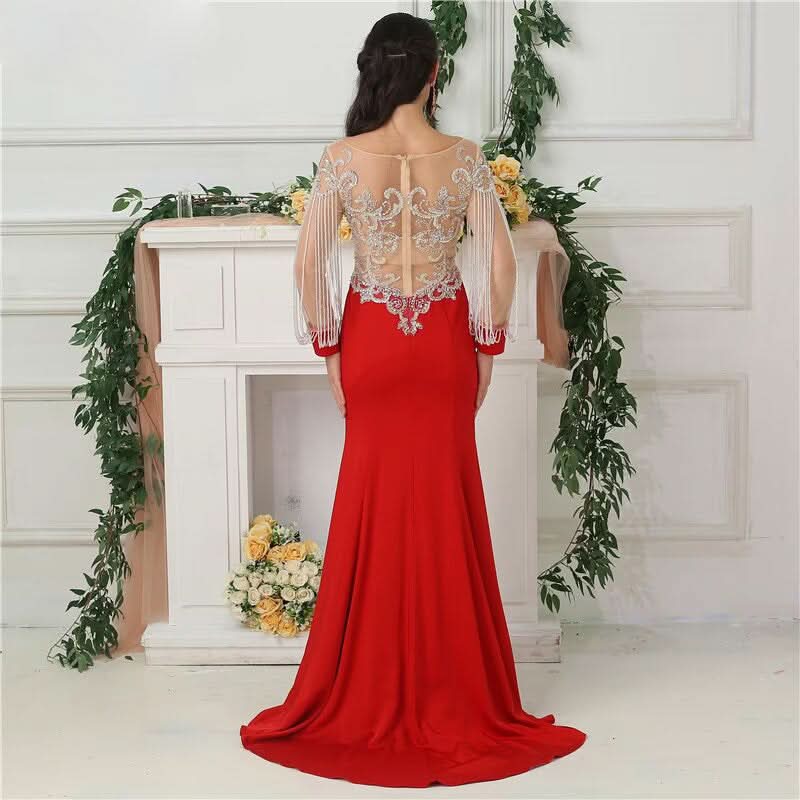 Red Mermaid Evening Dress with Satin Long Sleeves and Beading BM bride